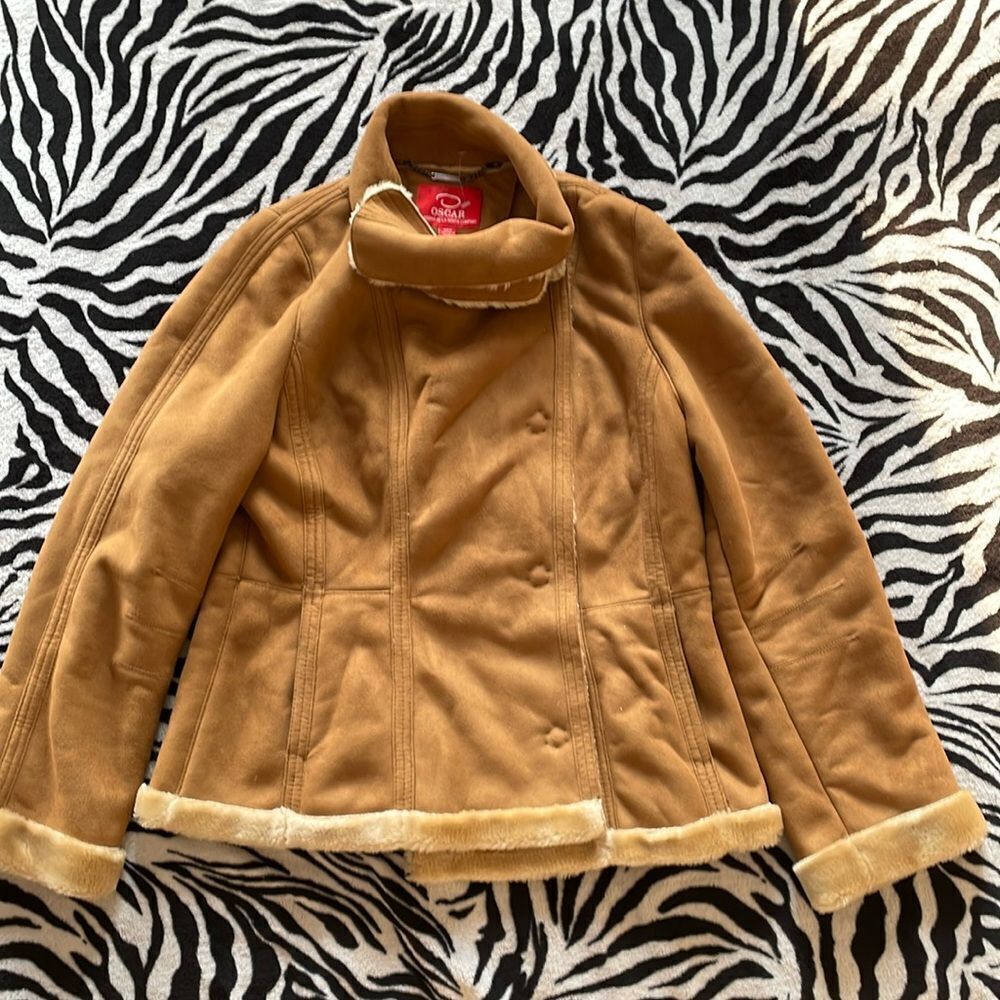 Vintage Oscar De La Renta Tan Suede Faux Leather Faux Fur Sherpa Button Jacket